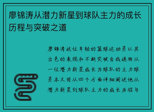 廖锦涛从潜力新星到球队主力的成长历程与突破之道