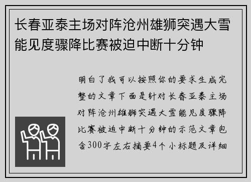 长春亚泰主场对阵沧州雄狮突遇大雪能见度骤降比赛被迫中断十分钟 长春亚泰主场对阵沧州雄狮突遇大雪能见度骤降比赛被迫中断十分钟