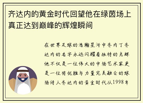 齐达内的黄金时代回望他在绿茵场上真正达到巅峰的辉煌瞬间