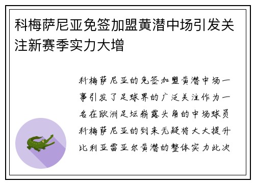 科梅萨尼亚免签加盟黄潜中场引发关注新赛季实力大增